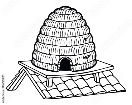 Traditional skep beehive sitting atop a rustic tiled roof, perfect for illustrating beekeeping practices, sustainable living concepts, or adding a charming farmstead touch to various