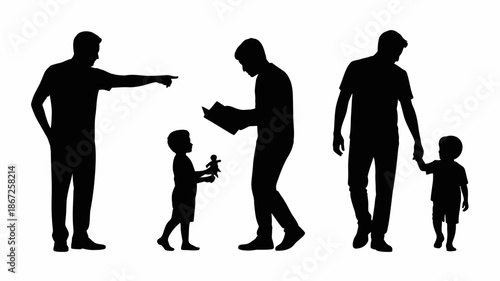 a silhouette illustration depicts four figures of people representing a generational family with a man pointing reading and walking with a child high quality professional detailed