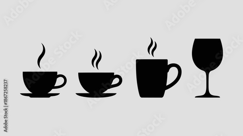 a minimalist illustration depicts a sequence of beverage containers showing a small cup a medium cup a large mug and a wine glass all in