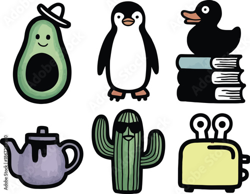 Set of cute stickers featuring avocado penguin rubber duck on books teapot cactus and toaster cartoon icons collection