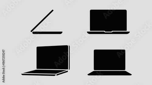 a minimalist depiction of four black laptop silhouettes arranged in a square formation on a light gray background representing technology high quality professional detailed modern elegant