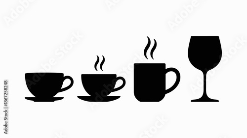 a simple black and white illustration depicts three cups two with steam rising and a wine glass all in silhouette form high quality professional detailed modern