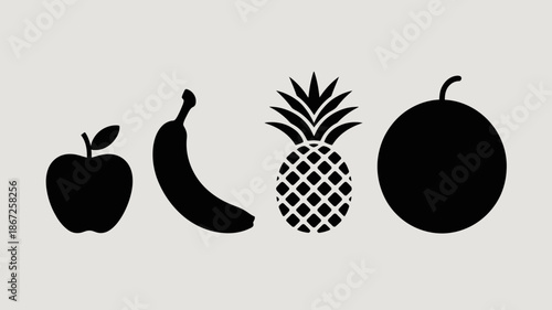 a simple illustration showcases a variety of fruits including an apple banana pineapple and orange in a black silhouette style high quality professional detailed modern elegant