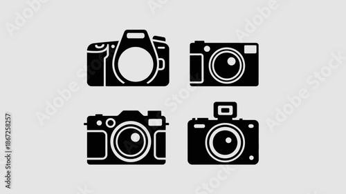 a minimalist depiction of four different black camera silhouettes arranged on a light gray background showcasing photography equipment high quality professional detailed modern elegant stylish clean