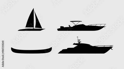 a minimalistic depiction showcases silhouettes of a sailboat a motorboat a canoe and a larger yacht on a neutral background high quality professional detailed modern elegant
