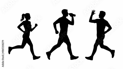 a simple black silhouette depicts three individuals engaged in a running activity showcasing movement and athleticism in a minimal style high quality professional detailed modern elegant