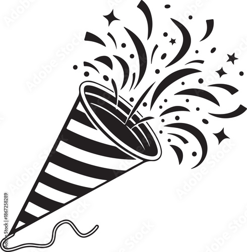 Black and white exploding party popper with confetti icon design
