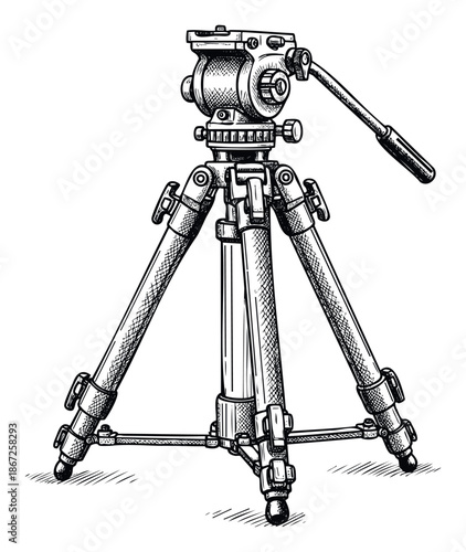 Durable camera tripod with an adjustable pan head, essential equipment for stable photography and videography, ideal for studio work, outdoor shoots, and film production projects.