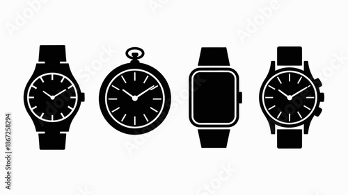 a collection of four different black silhouette watches including a traditional wristwatch a pocket watch a smartwatch and a chronograph high quality professional detailed modern elegant