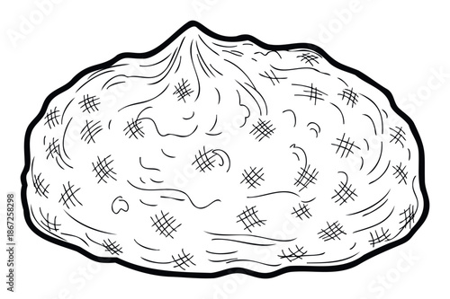 A hand drawn black outline illustration of a lumpy textured bun or dumpling with a ruffled top, suitable for food related graphics and cooking recipe promotions