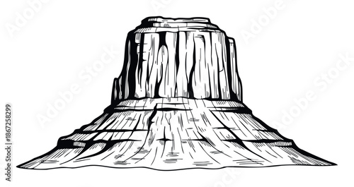 Striking depiction of a rugged western mesa rock formation for geological studies, adventure travel promotions, or outdoor themed graphic projects