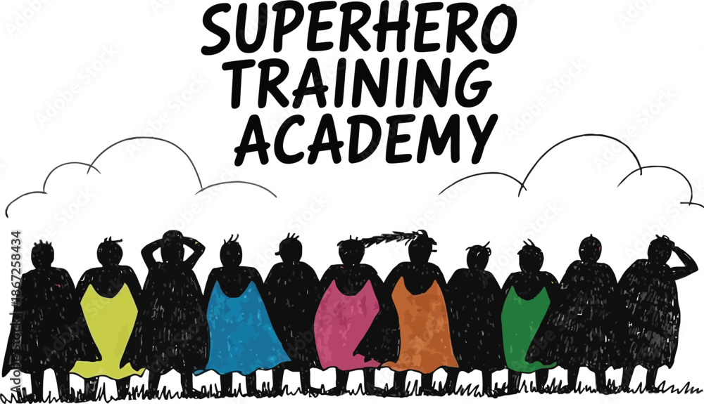 Obraz premium superhero training academy group of diverse silhouettes in colorful costumes ready for action dynamic poses heroic figures standing together on grass