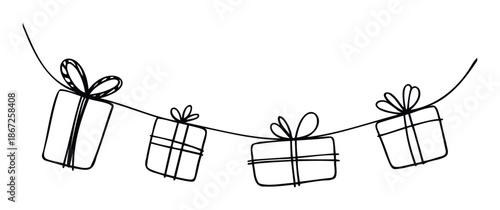 Minimalist hand drawn line illustration of a festive garland with various gift boxes and bows, perfect for holiday season decorations, celebration graphics, or event invitations.