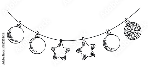 A charming hand drawn garland featuring assorted Christmas ornaments including round baubles, festive stars, and a citrus slice perfect for holiday season decorations and seasonal greetings.