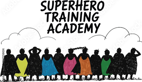 superhero training academy group of diverse silhouettes in colorful costumes ready for action dynamic poses heroic figures standing together on grass