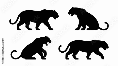 a collection of striking black silhouettes depicts four different poses of a majestic tiger showcasing its power and grace high quality professional detailed modern elegant stylish