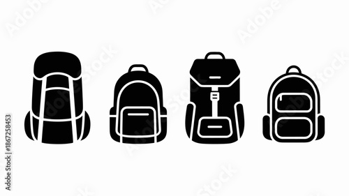 a collection of four distinct black silhouette backpack icons displayed in a row representing various styles and designs of carrying bags high quality professional detailed modern