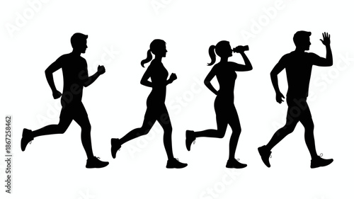a simple black and white illustration depicts four silhouetted figures actively engaged in running showcasing dynamic movement and athleticism high quality professional detailed modern elegant stylish
