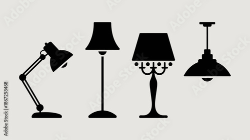 a minimalist illustration depicts four distinct black silhouettes of lamps showcasing varied designs and lighting fixture styles against a neutral background high quality professional detailed modern