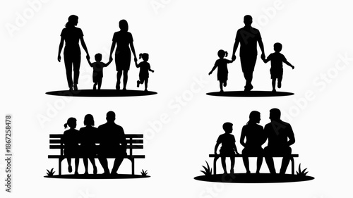 a collection of silhouettes depicting family moments including walking together sitting on a bench and enjoying quality time outdoors high quality professional detailed modern elegant stylish