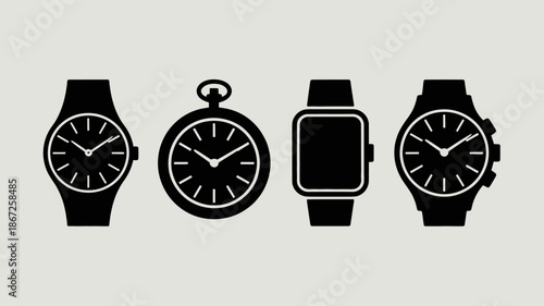 a visual depiction showing four distinct silhouettes of timekeeping devices including classic wristwatches a pocket watch and a modern smartwatch high quality professional detailed elegant stylish
