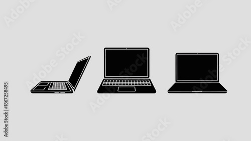 a minimalist illustration depicts three simple black laptop icons in varying perspectives showing side front and closed views on a light gray background high quality professional