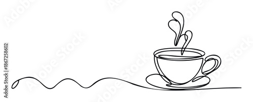 Continuous single line drawing of a steaming hot coffee cup on a saucer perfect for cafe menus restaurant branding or morning beverage advertising.