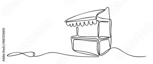 Minimalist one line drawing of a charming street food market stall or small business kiosk, perfect for event promotion, graphic design projects, or modern branding materials.