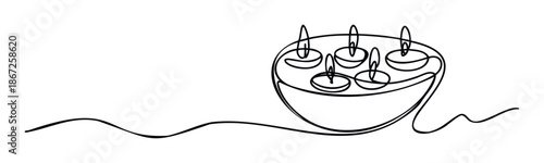 Elegant continuous line drawing of floating oil lamps in a bowl with a flowing wave representing peace and celebration for holiday marketing and spiritual event graphics