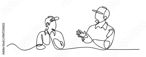 Abstract continuous line drawing of two people communicating, one speaking with expressive hand gestures to the other, useful for modern graphics depicting discussion, teamwork, or