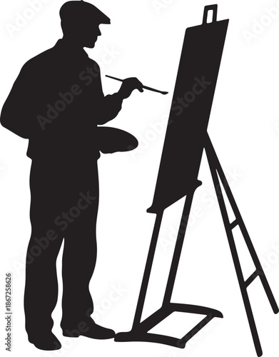 Black Silhouette of Painter Working on Easel with Palette and Brush