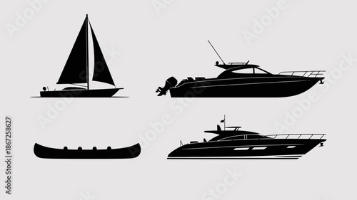 a minimalistic depiction showcases silhouettes of various watercraft including a sailboat a motorboat a canoe and a yacht high quality professional detailed modern elegant stylish clean