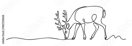 Elegant continuous line drawing of a majestic deer with antlers grazing on the ground, suitable for minimalist nature themed graphic projects, logos, or sophisticated wall decor.