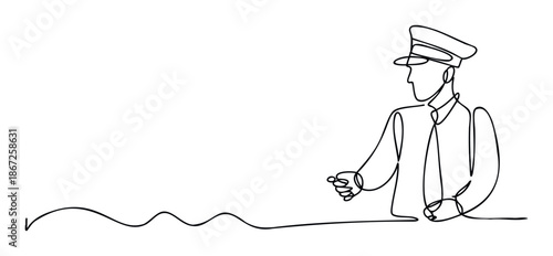 A compelling continuous single line drawing of an officer in uniform with a cap making a welcoming or guiding gesture, suitable for business presentations, security service concepts, or