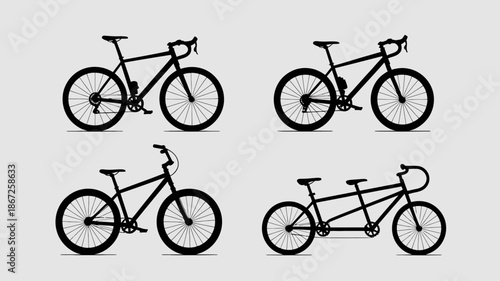 a minimalistic presentation features four distinct bicycle silhouettes against a light gray backdrop showcasing various bike types and styles high quality professional detailed modern elegant stylish