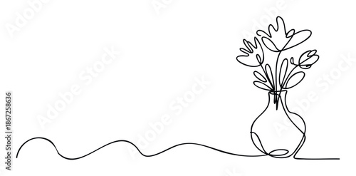 Minimalist one line drawing of a floral vase perfect for contemporary home decor, graphic projects, digital media, or stylish print applications.