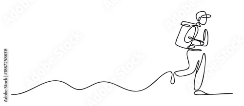 Minimalist continuous line drawing depicting a person with a backpack and cap walking along a winding path, ideal for travel themed websites, sports advertisements, and adventure lifestyle