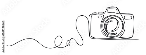 Minimalist one line drawing of a modern digital camera with a continuous flowing black line for photography related branding or visual identity projects
