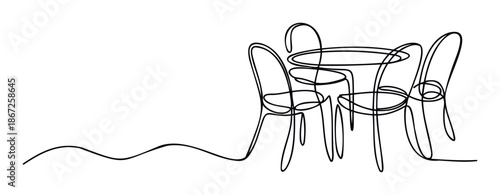 Modern minimalist continuous line drawing of a dining table and four chairs perfect for interior design inspiration restaurant branding or home decor concepts