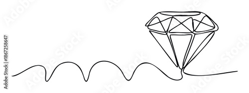 Abstract one line artwork depicting a valuable diamond shape growing from an undulating waveform, suitable for illustrating aspirations, achievement, or investment goals.