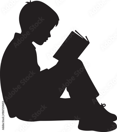 Black silhouette of a boy reading a book, education and literacy concept.