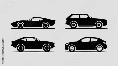 a minimalist presentation of four distinct car silhouettes in black showcasing varied body styles and automotive design elements high quality professional detailed modern elegant stylish clean