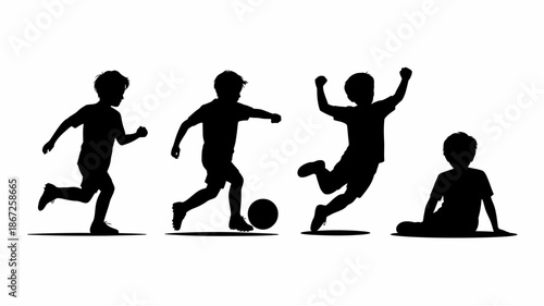 a simple black silhouette illustration depicts four young boys engaged in playful activities including running kicking a ball and resting peacefully high quality professional detailed modern