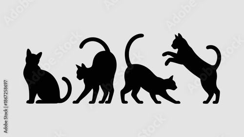 A minimalist depiction showcases four black silhouettes of cats in various poses exhibiting a playful and dynamic feline composition high quality professional detailed modern elegant stylish