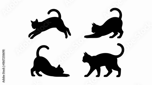 a collection of four distinct black cat silhouettes depicts playful feline postures and movements against a plain white background high quality professional detailed modern elegant stylish