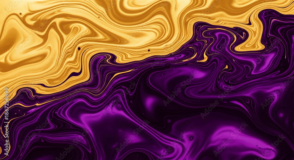 Fototapeta premium Abstract image with swirling purple and gold liquid paint, creating a luxurious and dynamic visual effect suitable for backgrounds or design elements