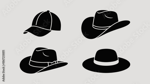 A simple display of four different hat silhouettes featuring a baseball cap cowboy hat fedora and a classic bowler hat high quality professional detailed modern elegant