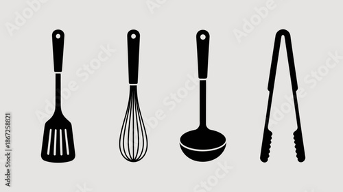 a simple illustration showcases four distinct black kitchen utensils arranged in a linear fashion including a spatula whisk ladle and tongs high quality professional detailed modern
