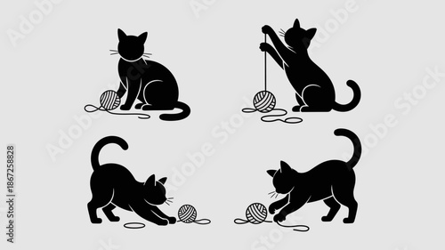 a silhouette illustration displays four black cats playfully interacting with balls of yarn showcasing feline curiosity and joyful movement high quality professional detailed modern elegant stylish