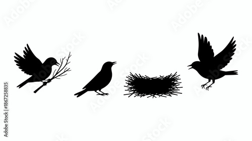 a minimalist depiction shows several silhouettes of birds in flight and at rest alongside a detailed nest presented in black and white high quality professional modern